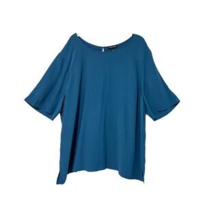 Eileen Fisher Top XL Slub Half Sleeve Blue Scoop Neck Lyocell Tencel Relaxed